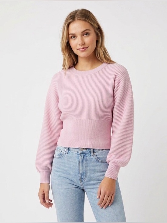 Pink Rose Sweaters - Pink Rose Sweater Crew Neck Ribbed Knit Cropped Balloon Sleeve Soft Pink Size XS